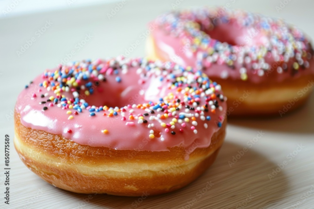 Closeup of two delicious donuts with pink icing and rainbow sprinkles on a light wooden surface Closeup of two delicious donuts with pink icing and rainbow sprinkles on a light wooden surface