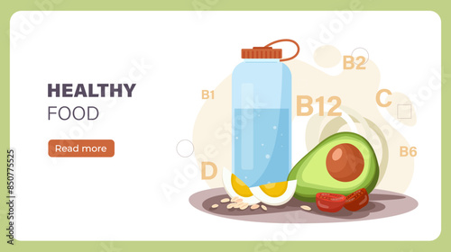 Healthy food poster. Avocado, slice of eggs and water in glass bottle. Proper nutrition and diet. Landing webpage design. Cartoon flat vector illustration isolated on green background