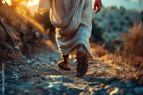 Close-Up of Jesus' Feet Walking on Dirt Path

