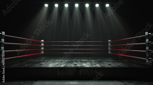 A professional boxing ring under dramatic lighting, showcasing the intensity and atmosphere of a competitive sport environment.