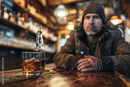 Man sitting at the bar looking at a glass of scotch on the rocks and a bottle of wine photo