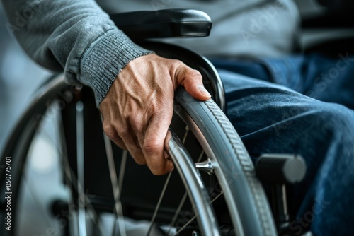 Close-up of a young man's hand on the wheel of a wheelchair