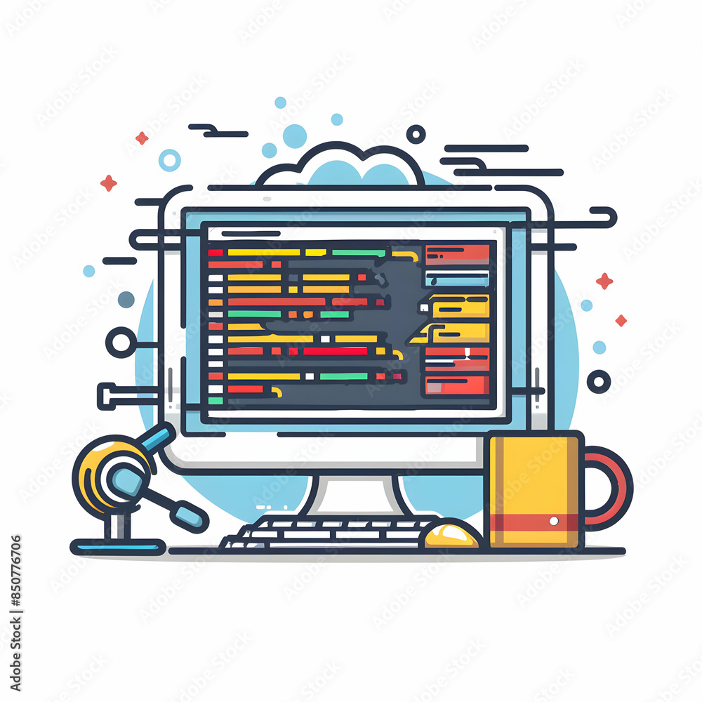 Obraz premium Programming Interface and Code Testing 3D Flat Icon with Copy Space for Website Banners Doodle Line Cartoon Style