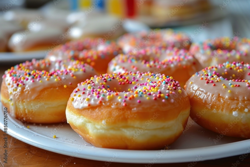 Closeup of delicious donuts with vibrant sprinkles on a plate, perfect for a sweet treat Closeup of delicious donuts with vibrant sprinkles on a plate, perfect for a sweet treat