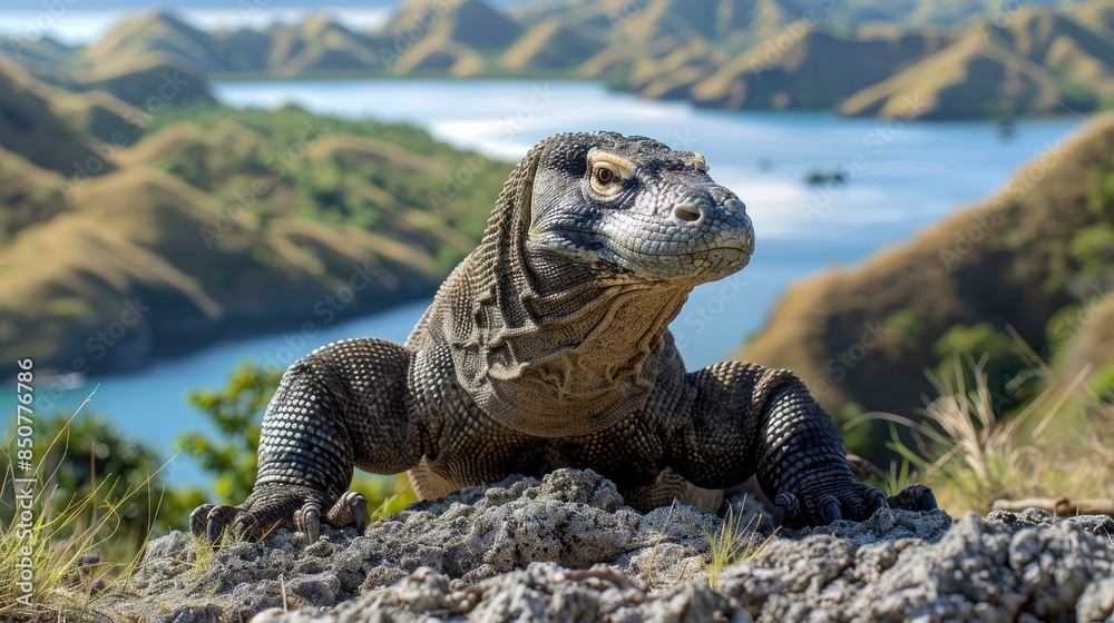 Fototapeta premium A Komodo dragon sits on a rocky outcrop, looking out at a scenic island landscape.