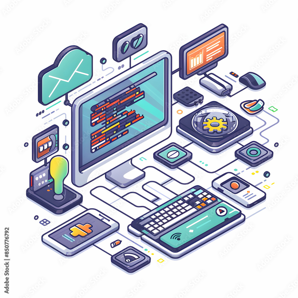 Modern 3D Flat Icon: Programming System  Code Collaboration Design on White Background � Ideal for Code Collaboration Tools  Software Development in Doodle Cartoon Style