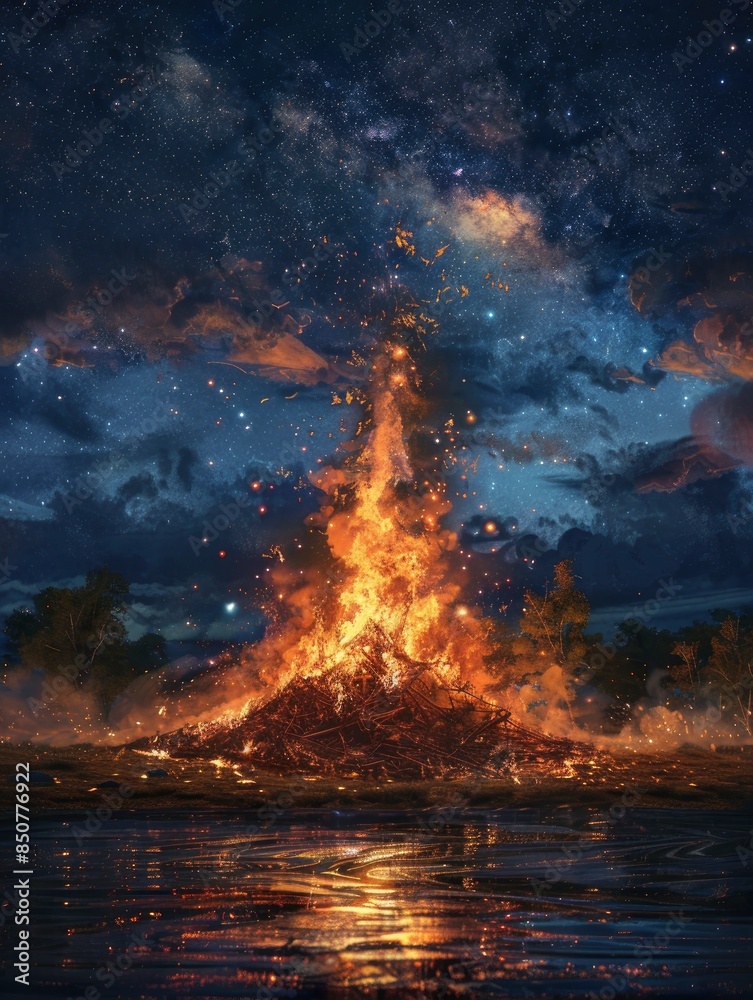 Huge bonfire on the river bank at night, summer solstice festival, sparks flying upwards, starry sky Huge bonfire on the river bank at night, summer solstice festival, sparks flying upwards, starry sky