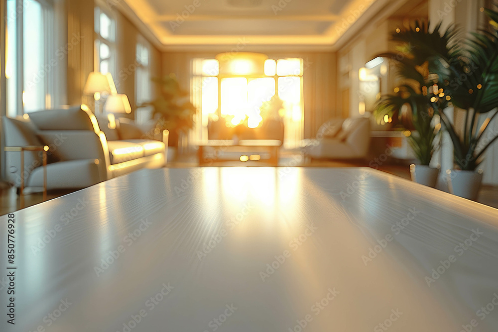 A ground-level picture of an empty matte white table with a glimpse of a designer, cozy, and warm interior in the background, embodying minimalist elegance with AI generative. A ground-level picture of an empty matte white table with a glimpse of a designer, cozy, and warm interior in the background, embodying minimalist elegance with AI generative.
