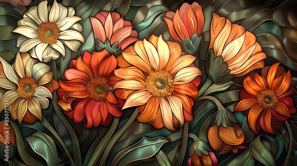 Stained glass artwork featuring vibrant orange and pink gerbera daisies against a dark, swirling background, highlighting intricate details and bold colors. Stained glass artwork featuring vibrant orange and pink gerbera daisies against a dark, swirling background, highlighting intricate details and bold colors.