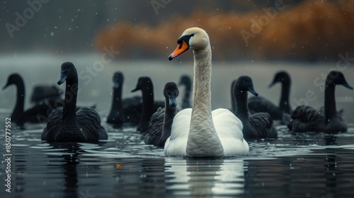 Fototapeta Naklejka Na Ścianę i Meble -  Majestic white swan leading a flock of black swans on a misty water surface, symbolizing uniqueness
