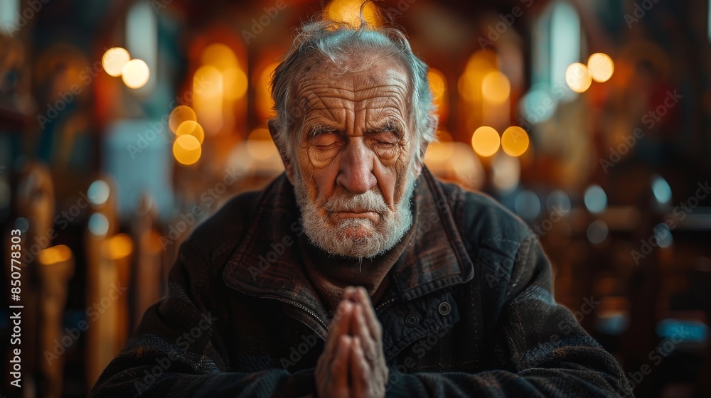 An individual is captured in a prayerful pose within a church, evoking a sense of spirituality and reverence An individual is captured in a prayerful pose within a church, evoking a sense of spirituality and reverence