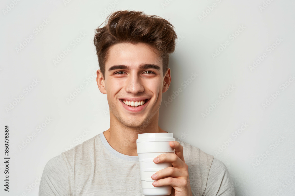 This image features a healthy, handsome man with a confident smile, holding a whey protein shaker on a clean white background, emphasizing a fit lifestyle, AI generative. This image features a healthy, handsome man with a confident smile, holding a whey protein shaker on a clean white background, emphasizing a fit lifestyle, AI generative.