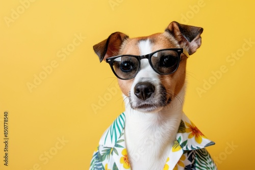 A close-up portrait photo of a cute fashionable Jack Russell terrier dog wearing sunglasses and a Hawaiian shirt, standing against a bright background. Vacation concept. © Mark G