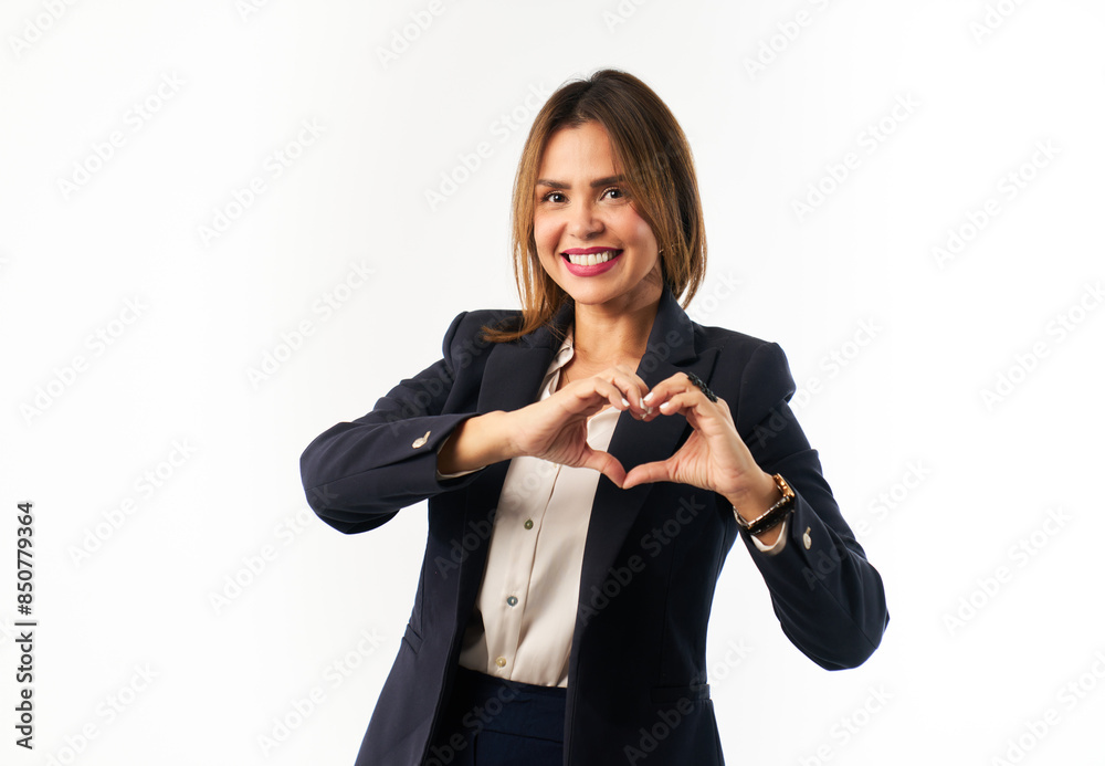 A woman in a business suit is holding her hands together in the shape of a heart A woman in a business suit is holding her hands together in the shape of a heart