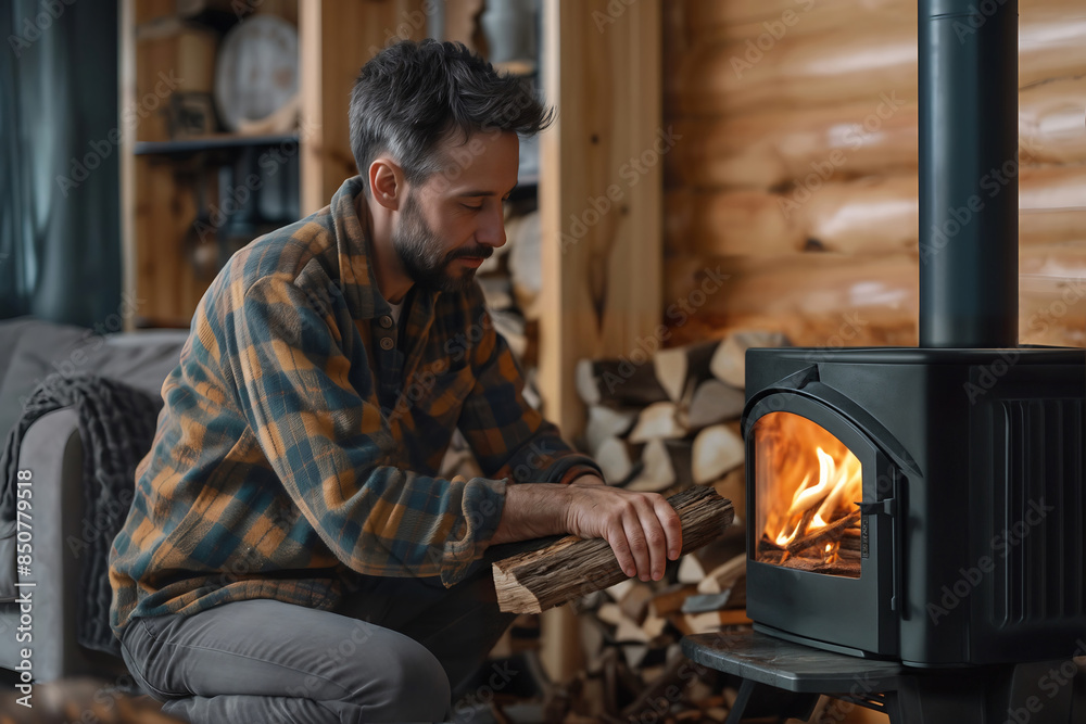 A man puts a log into a burning fireplace in a cozy modern wooden house A man puts a log into a burning fireplace in a cozy modern wooden house