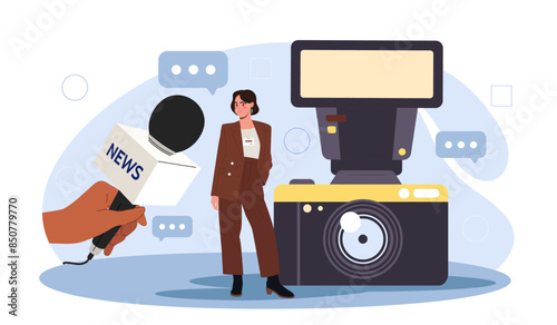 Media relations concept. Woman in suit answers questions from journalists. Promoting company and creating positive brand. Hand with microphone and camera. Cartoon flat vector illustration