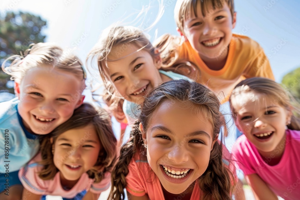 Group of smiling children looking at camera in park on a sunny day Group of smiling children looking at camera in park on a sunny day