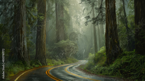 This tranquil forest landscape captures a torrential downpour on an asphalt road lined with yellow lines and towering redwood trees, evoking a serene, ethereal atmosphere. AI generative.