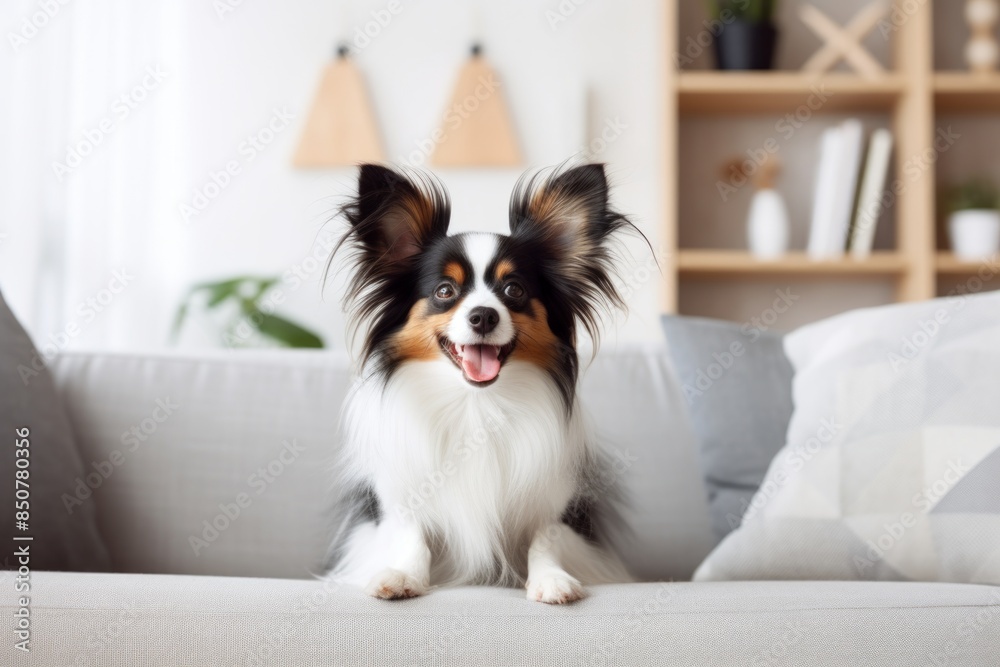 Portrait of a smiling papillon dog in modern minimalist interior Portrait of a smiling papillon dog in modern minimalist interior