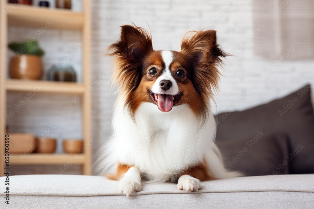 Portrait of a smiling papillon dog while standing against modern minimalist interior Portrait of a smiling papillon dog while standing against modern minimalist interior