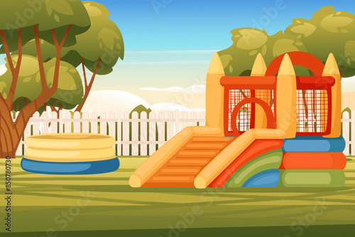 Playground park for kids with inflatable bouncy castle vector illustration with city park landscape