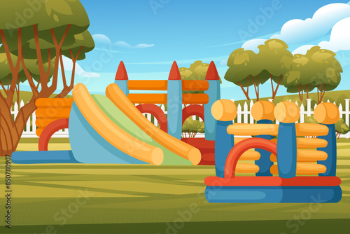 Playground park for kids with inflatable bouncy castle vector illustration with city park landscape