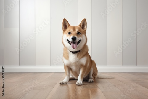Portrait of a smiling norwegian lundehund on modern minimalist interior photo