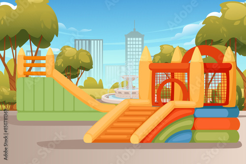 Playground park for kids with inflatable bouncy castle vector illustration with city park landscape