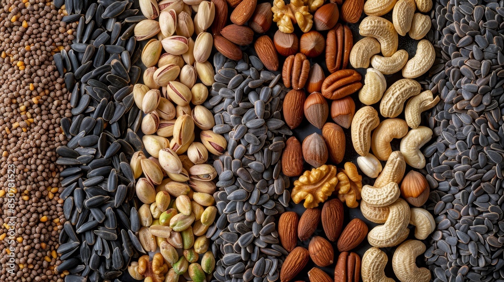 A variety of nuts and seeds are displayed in a row