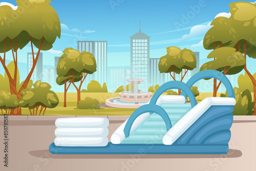 Playground park for kids with inflatable bouncy castle vector illustration with city park landscape