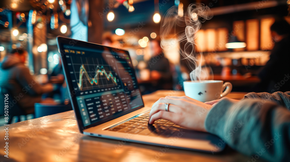 Financial Trading Analysis on Laptop in Cafe Setting Financial Trading Analysis on Laptop in Cafe Setting