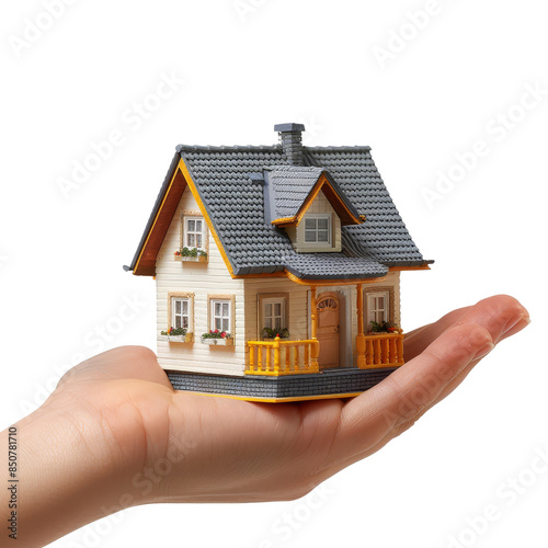 Hand holding a miniature house model for real estate and home ownership on transparent background clipart