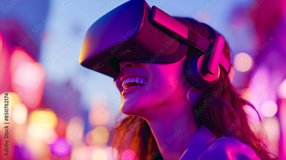 Joyful Woman with VR Headset in Neon Lights Joyful Woman with VR Headset in Neon Lights