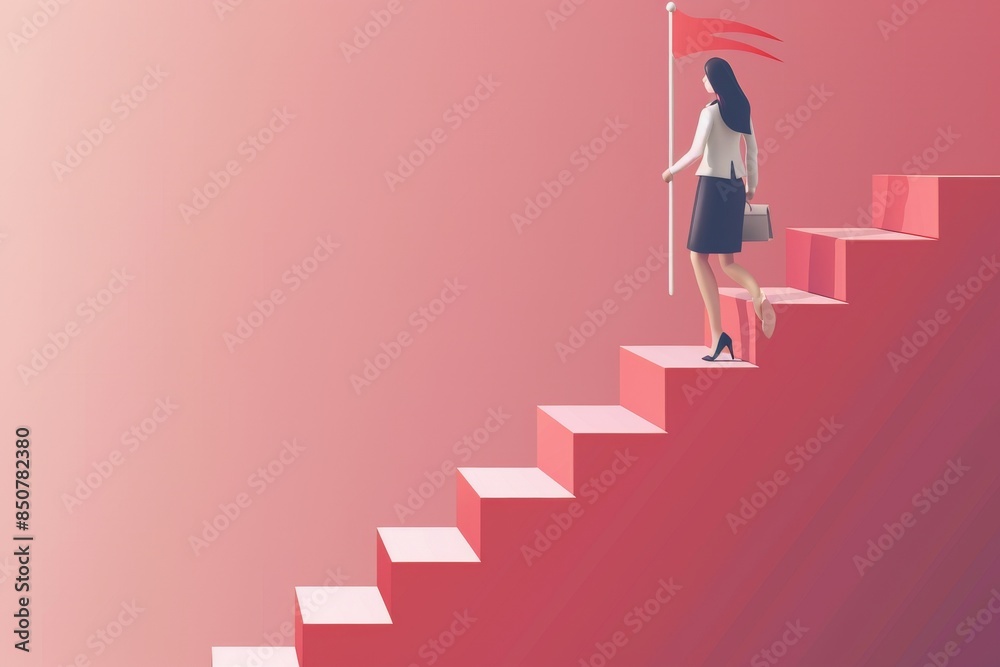Woman entrepreneur holding winning flag at top of career staircase looking for future visionary. Woman entrepreneur holding winning flag at top of career staircase looking for future visionary.