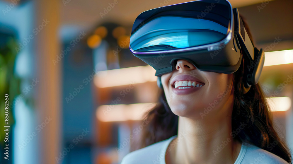 Smiling woman experiencing virtual reality with headset indoors Smiling woman experiencing virtual reality with headset indoors