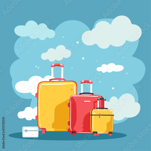 vector flat illustration of luggage with clouds, blue sky background, red and yellow color pallette