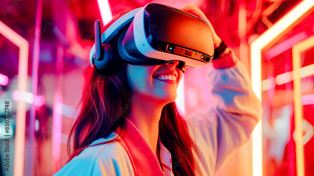Woman enjoying virtual reality experience in vibrant neon lights Woman enjoying virtual reality experience in vibrant neon lights