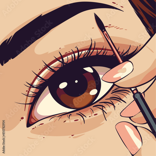 A cartoon illustration shows a woman applying eyeshadow to her left upper eyelid