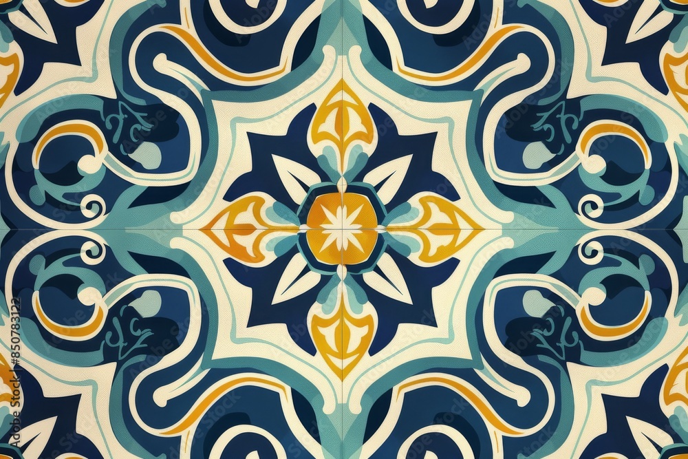 Ornamental Tile with Blue and Yellow Floral Patterns