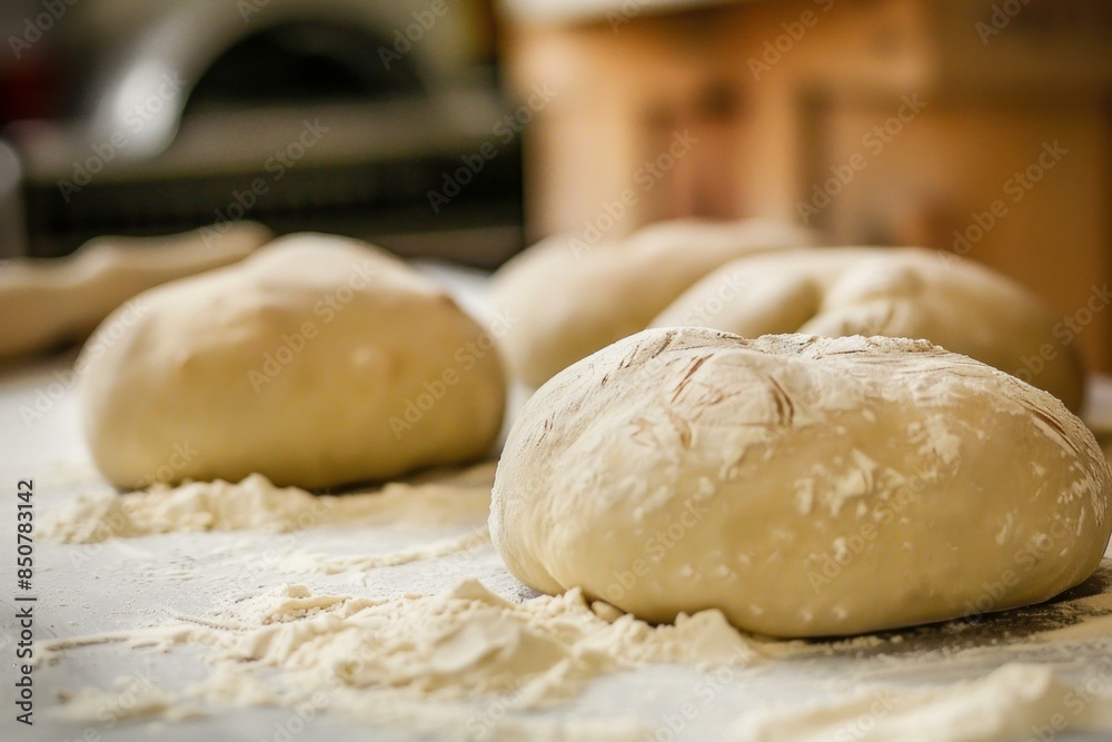 Unbaked loaves of bread dough resting on a floured kitchen countertop Unbaked loaves of bread dough resting on a floured kitchen countertop