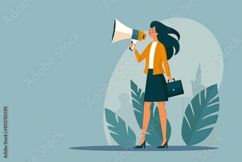 Speaking out loud at a megaphone, telling the truth, communicating with confidence, presentation skills, storytelling, speaking, presenting, or shouting out. photo