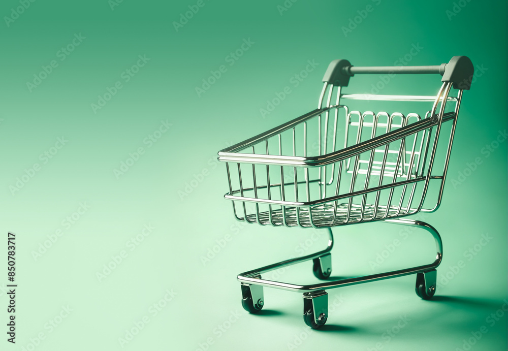 Empty supermarket trolley on green background Empty supermarket trolley on green background