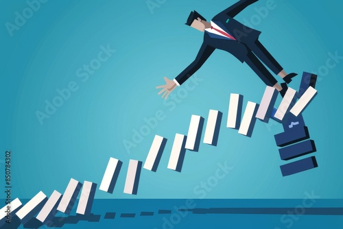 Human work disrupted by AI, Artificial intelligence influence or challenge, future work uncertainty, innovation effect, AI change concept, AI robot arm push to collapse domino, businessman falls photo