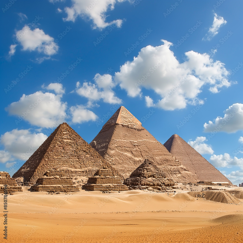 Photorealistic photo of the pyramids in Egypt, desert sand dunes with blue sky cloud Photorealistic photo of the pyramids in Egypt, desert sand dunes with blue sky cloud
