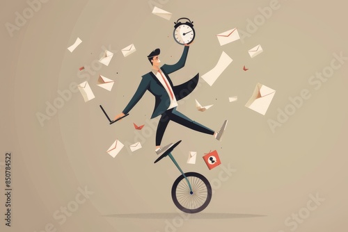 An efficient and productive master, juggling multiple tasks and managing time efficiently, juggling calendars, laptops, ideas, and email while riding a unicycle.