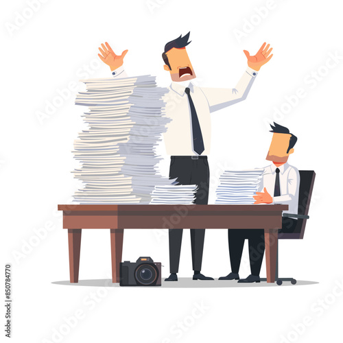 Businessmen and businesswomen throwing papers in the air at their desks