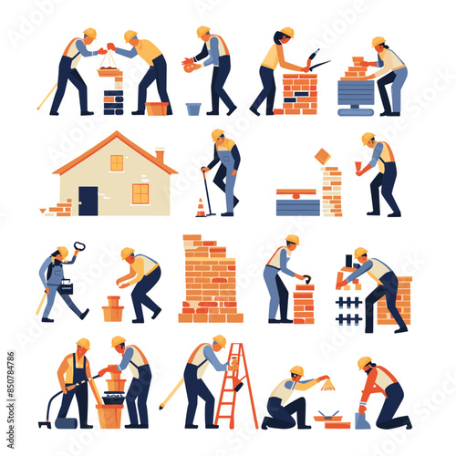 Vector graphics set of men and women working on construction