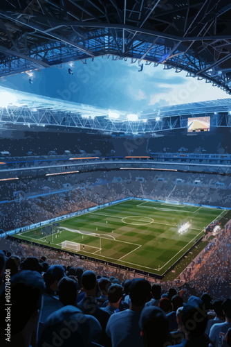 Aerial View of a Soccer Stadium at Night, Illuminated by Stadium Lights and Spectators in the Stands