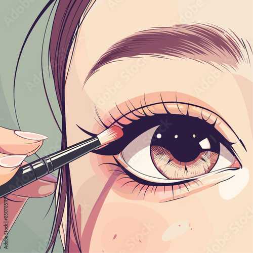 A cartoon of an eye with a girl applying eyeliner to her upper lashes, cute and dreamy, in the style of comic art
