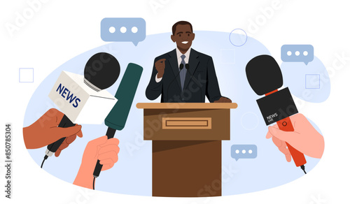Political press conference. Man in suit answers questions from journalists. Businessman or politician near people with microphones. Cartoon flat vector illustration isolated on white background